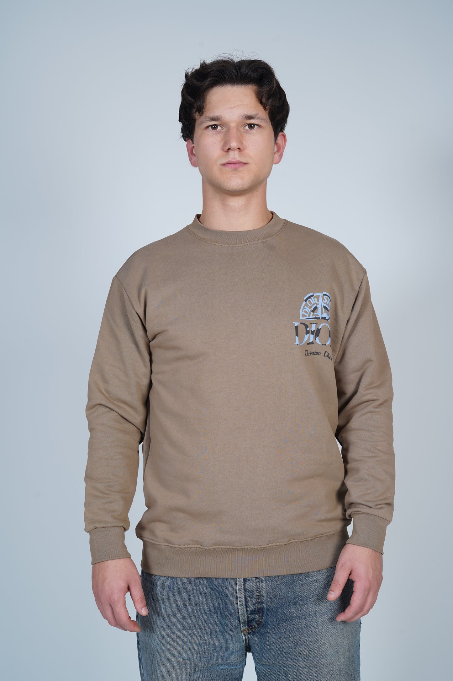 Bisiklet Yaka Dior Stone Koleksiyonu Sırt Baskılı Bej Sweatshirt