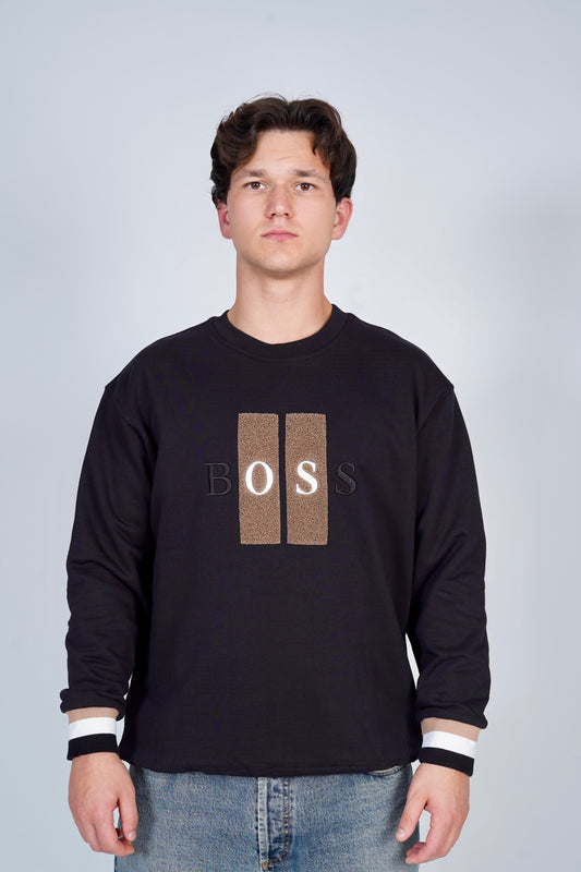 BOSS Bisiklet Yaka Blok Desenli Logo Baskılı Siyah Sweatshirt