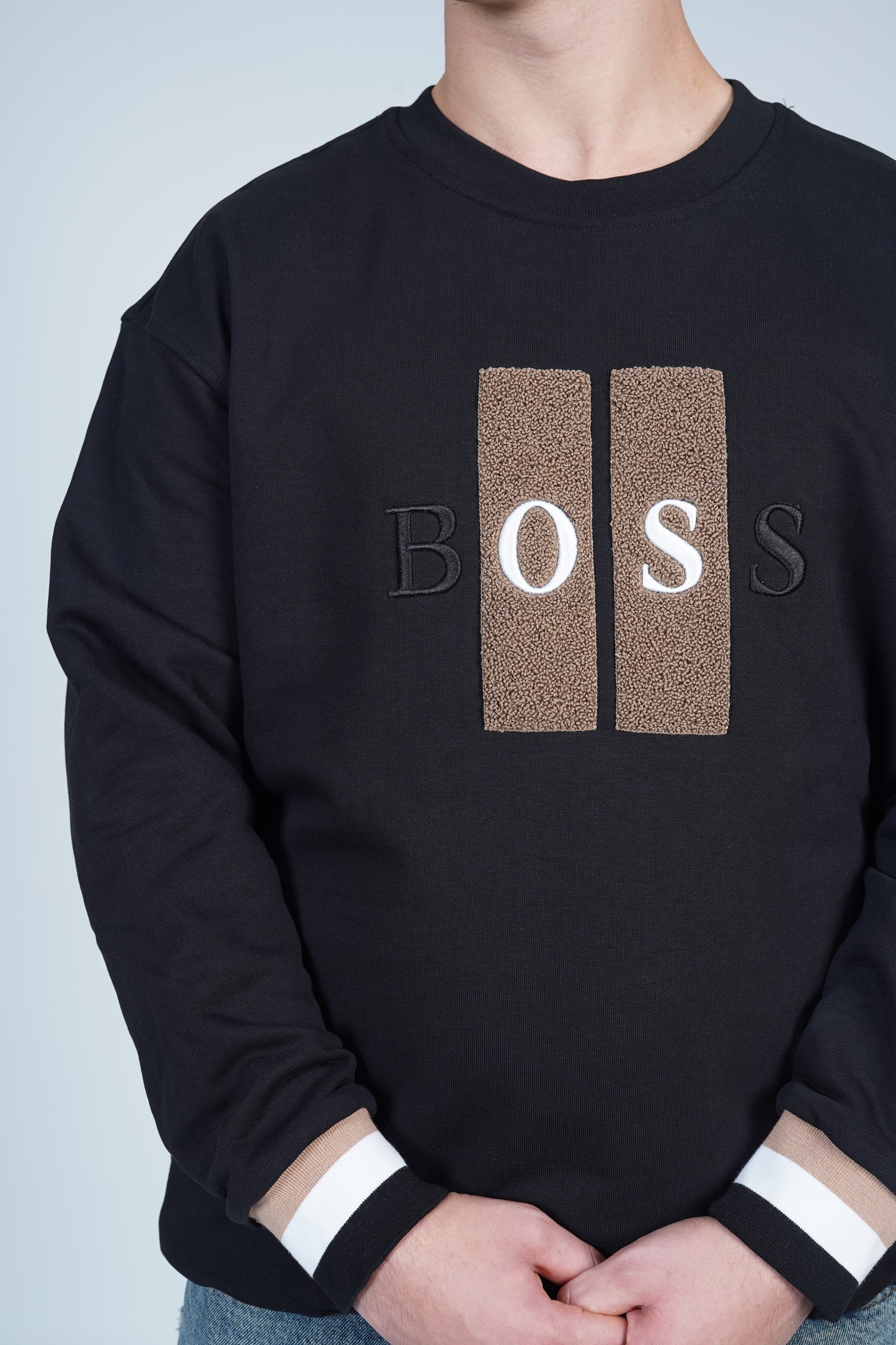 BOSS Bisiklet Yaka Blok Desenli Logo Baskılı Siyah Sweatshirt