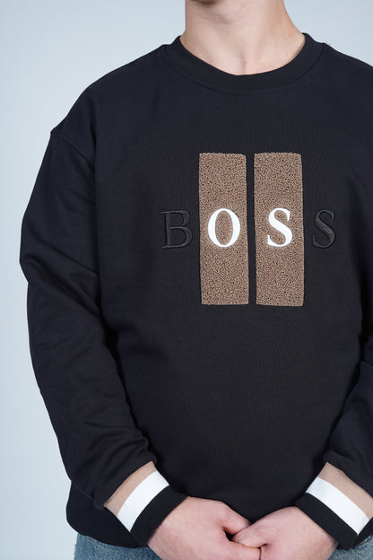 BOSS Bisiklet Yaka Blok Desenli Logo Baskılı Siyah Sweatshirt